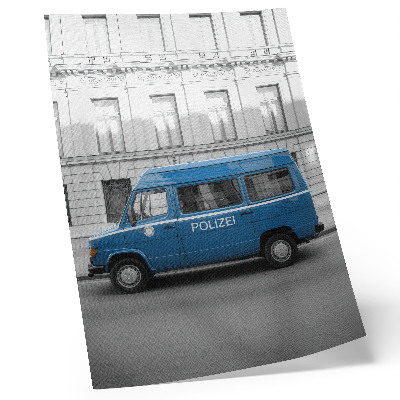 Retro plakát Egy kék rendőrautó, háttérben egy épülettel