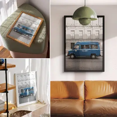 Retro plakát egy kék rendőrautó épülettel a háttérben