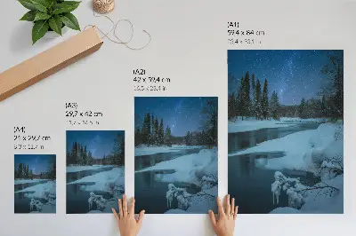 Poszter téli táj folyóval, fákkal és csillagokkal