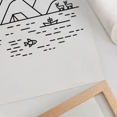 Poszter minimalista hegyi táj tóval és állatokkal