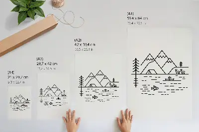 Poszter minimalista hegyi táj tóval és állatokkal