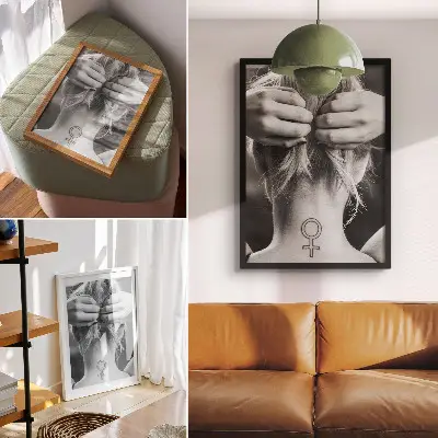 Retro plakát fekete-fehér elegáns minimalista nőiességet szimbolizáló grafikával