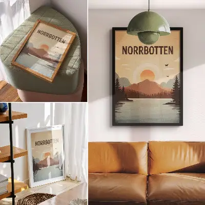 Retro plakát tájkép tóval hegyekkel naplementében fák között türkiz és bézs színekben