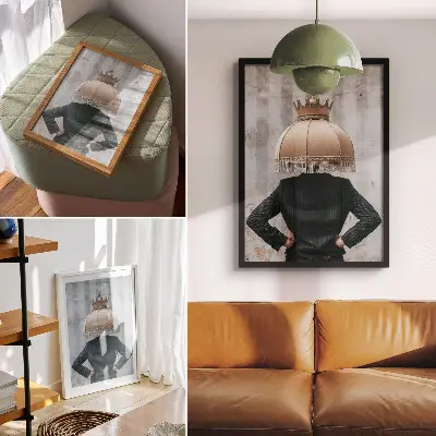Retro plakát egy kifinomult lámpaernyő és elegáns öltöny textúráinak kontrasztjával