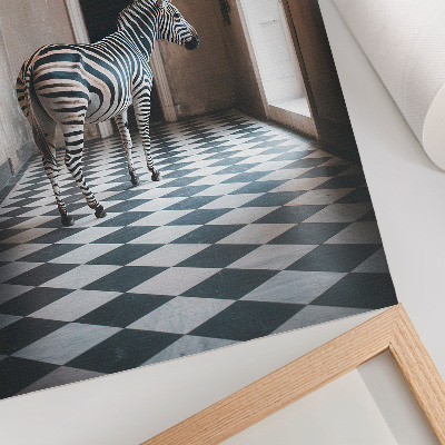 Retro plakát Zebra a madarak repülése közben, építészet hátterében