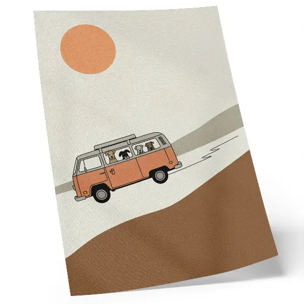 Poszter nyomtatás narancssárga lakókocsis minimalista nyaralós grafikával
