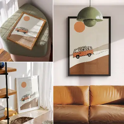 Poszter nyomtatás narancssárga lakókocsis minimalista nyaralós grafikával