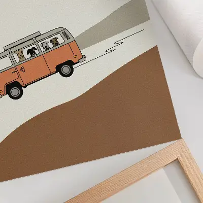 Poszter nyomtatás narancssárga lakókocsis minimalista nyaralós grafikával