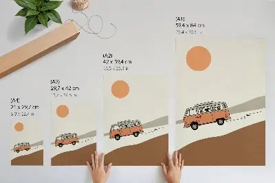Poszter nyomtatás narancssárga lakókocsis minimalista nyaralós grafikával