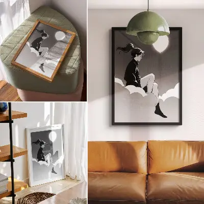 Poszter minimalista stílusú felhőn ülő alak lufival