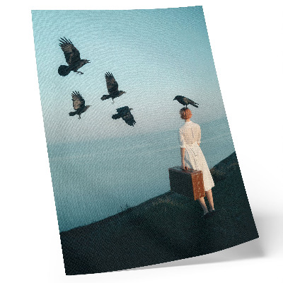 Retro plakát Nő egy bőrönddel madarak ég szürrealizmus