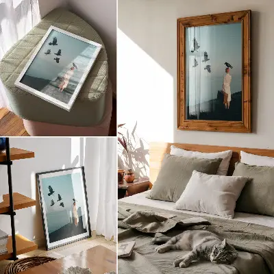 Nő egy bőrönddel madarakkal a szürrealista égen retro plakát