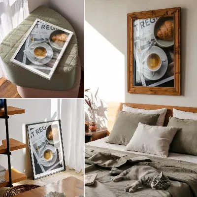 Retro plakát fekete-fehér kávés és croissant-os elegáns kikapcsolódást idéző mintával