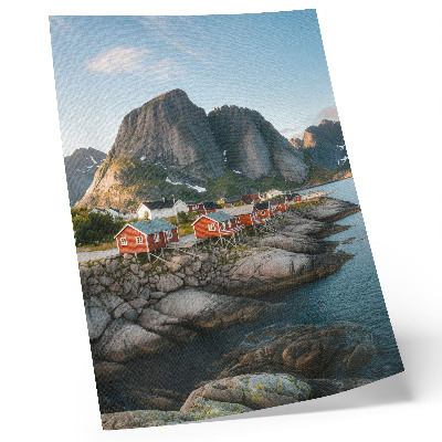 Retro plakát Piros házak fjord hegyek naplemente