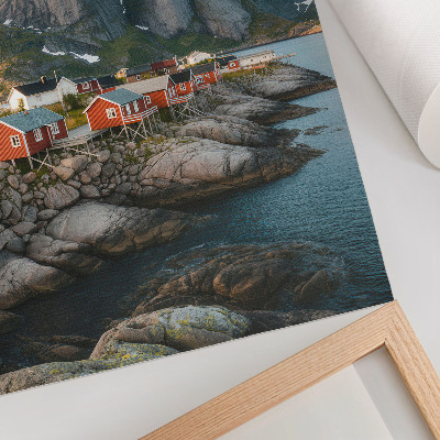 Retro plakát Piros házak fjord hegyek naplemente