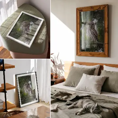 Retro plakát bagoly egy fenyőágon természet béke harmónia mintával