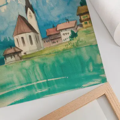 Poszter nyomtatás akvarell stílusú templom a hegyekben természet témával