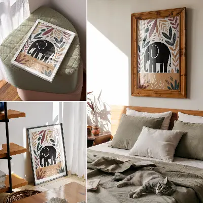 Retro plakát elefánt a levelek között, a természet eleganciája az egyszerűség jegyében