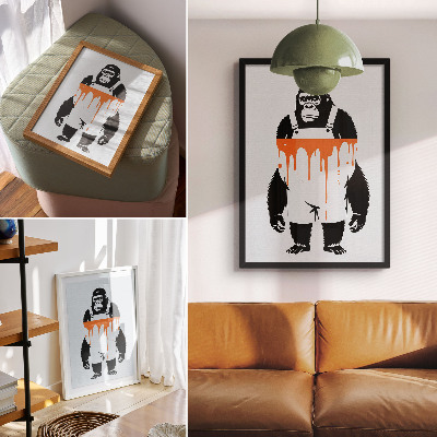 Retro plakát Egy overallos gorilla élénk narancssárga háttér előtt