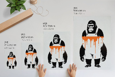 Retro plakát Egy overallos gorilla élénk narancssárga háttér előtt