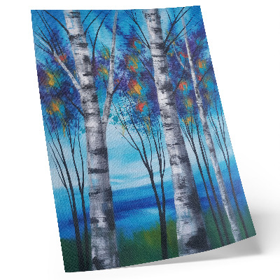 Poszter nyomtatás Színes nyírfák kék háttérrel és meleg díszítéssel