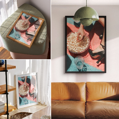 Poszter nyomtatás Színes szőnyeg pattogatott kukorica pohár elegáns figura