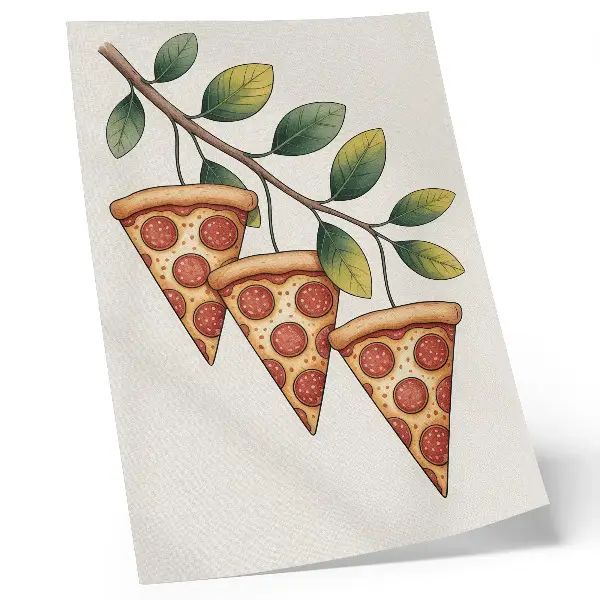 Retro plakát pizzaszeletek egy faágon élénk színekben