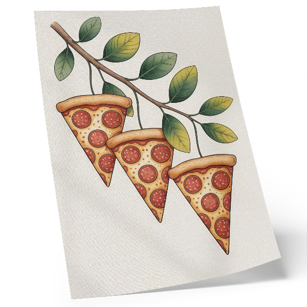 Retro plakát Pizzaszeletek egy faágon, vidám színekben