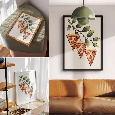 Retro plakát pizzaszeletek egy faágon élénk színekben