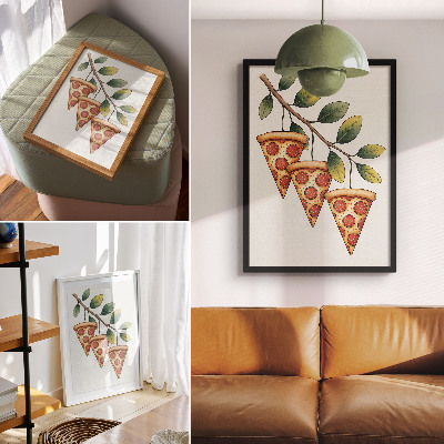 Retro plakát Pizzaszeletek egy faágon, vidám színekben
