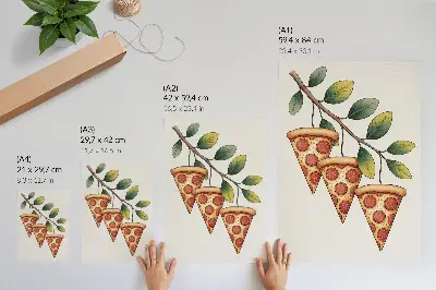 Retro plakát pizzaszeletek egy faágon élénk színekben