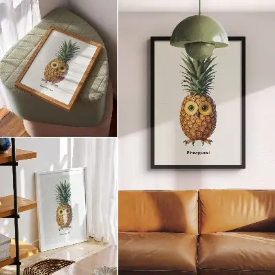 Ananász és bagoly mintás retro plakát fantasztikus kombinációval