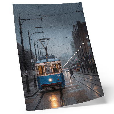 Retro plakát Kék villamos esős napon városi élet