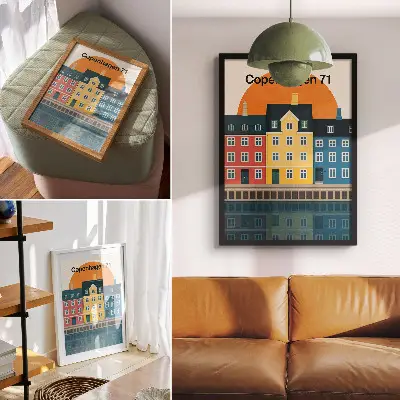 Retro plakát színes vízparti házak minimalista stílusban