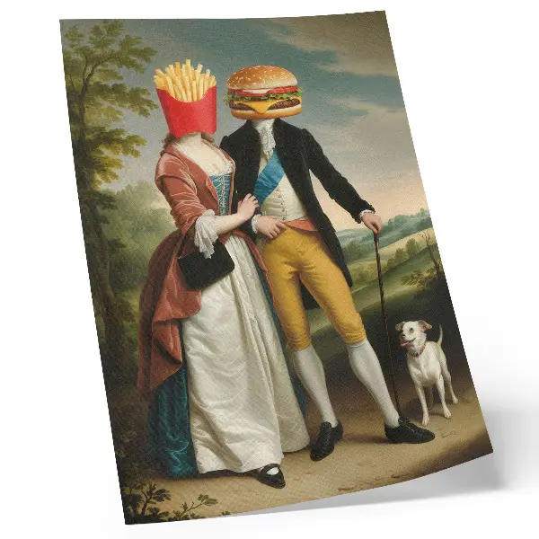 Poszter nyomtatás szürreális jelenet humoros fejekkel, sült krumplival és hamburgerrel