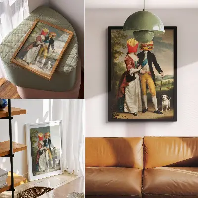 Poszter nyomtatás szürreális jelenet humoros fejekkel, sült krumplival és hamburgerrel