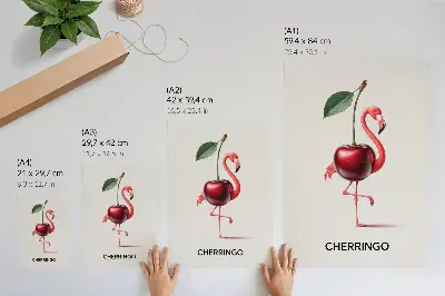 Poszter nyomtatás rózsaszín és piros flamingók cseresznyével díszített fantázia kompozíció