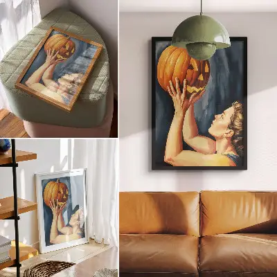 Poszter narancssárga tök sötétkék háttérrel, szürrealista stílusban