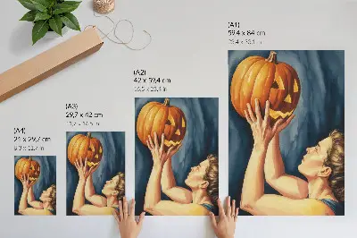 Poszter narancssárga tök sötétkék háttérrel, szürrealista stílusban