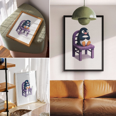 Poszter nyomtatás lila pingvin egy széken minimalista öröm mintával