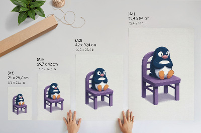 Poszter nyomtatás lila pingvin egy széken minimalista öröm mintával