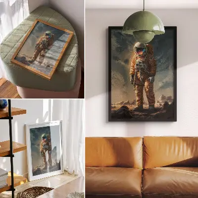 Poszter űrhajós egy idegen bolygón és az éjszakai égbolt