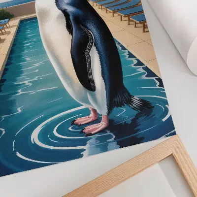 Poszter pingvinmedence tengerparti pálmafákkal