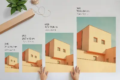 Retro plakát geometrikus építészet mintával bézs homlokzaton