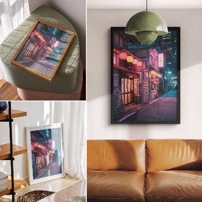 Retro plakát Neon lámpások bájos város utca éjszaka