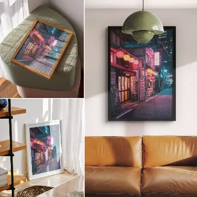 Retro plakát neon lámpásos városi utca éjszaka