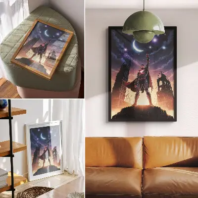 Retro plakát éjszakai égbolt dinamikus alakkal és titokzatos romokkal