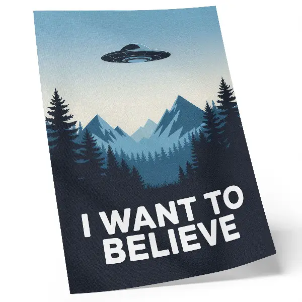 Retro plakát erdős hegyvidéki UFO-s motívummal, modern stílusban