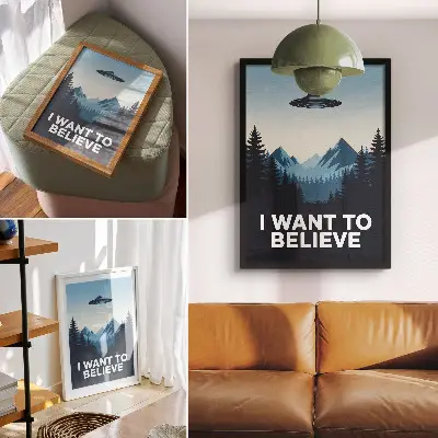 Retro plakát erdős hegyvidéki UFO-s motívummal, modern stílusban