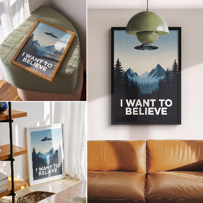 Retro plakát UFO erdő hegyek titokzatos modern stílus